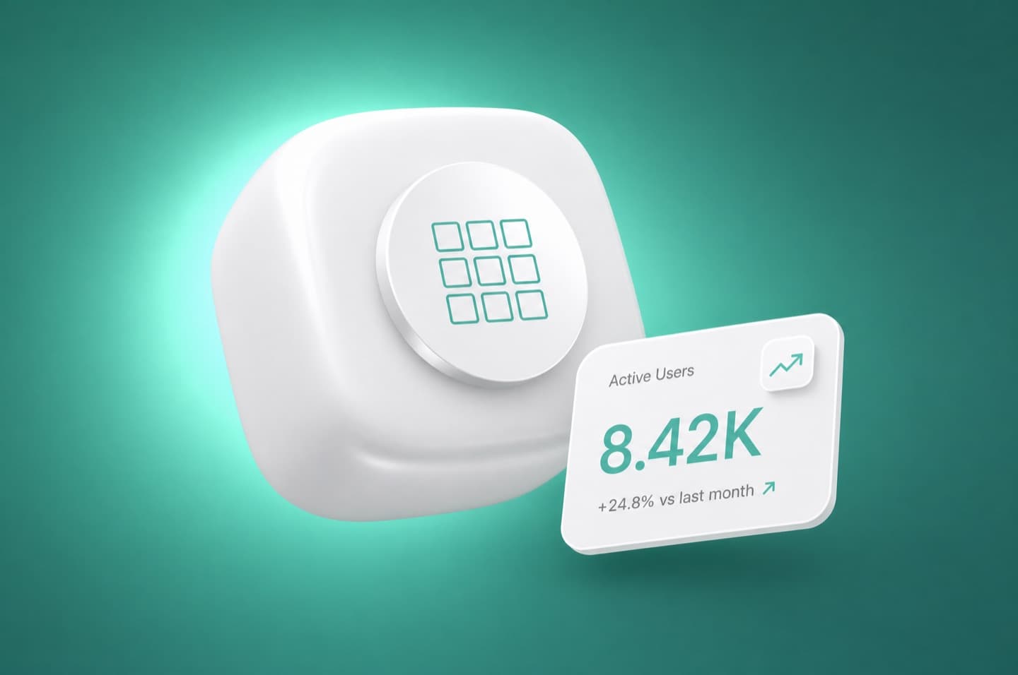Dark tile with a jade-teal glow, a controls-grid icon and a stat.