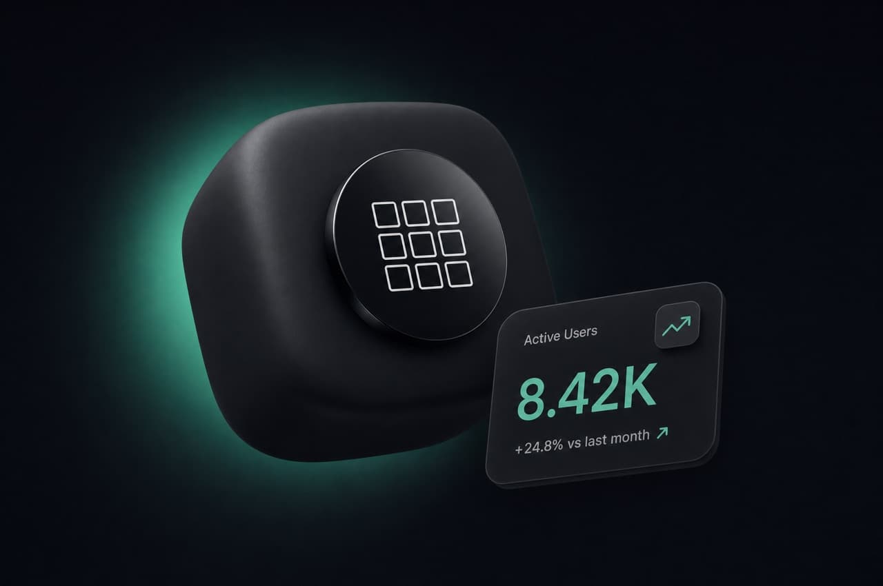Dark tile with a jade-teal glow, a controls-grid icon and a stat.