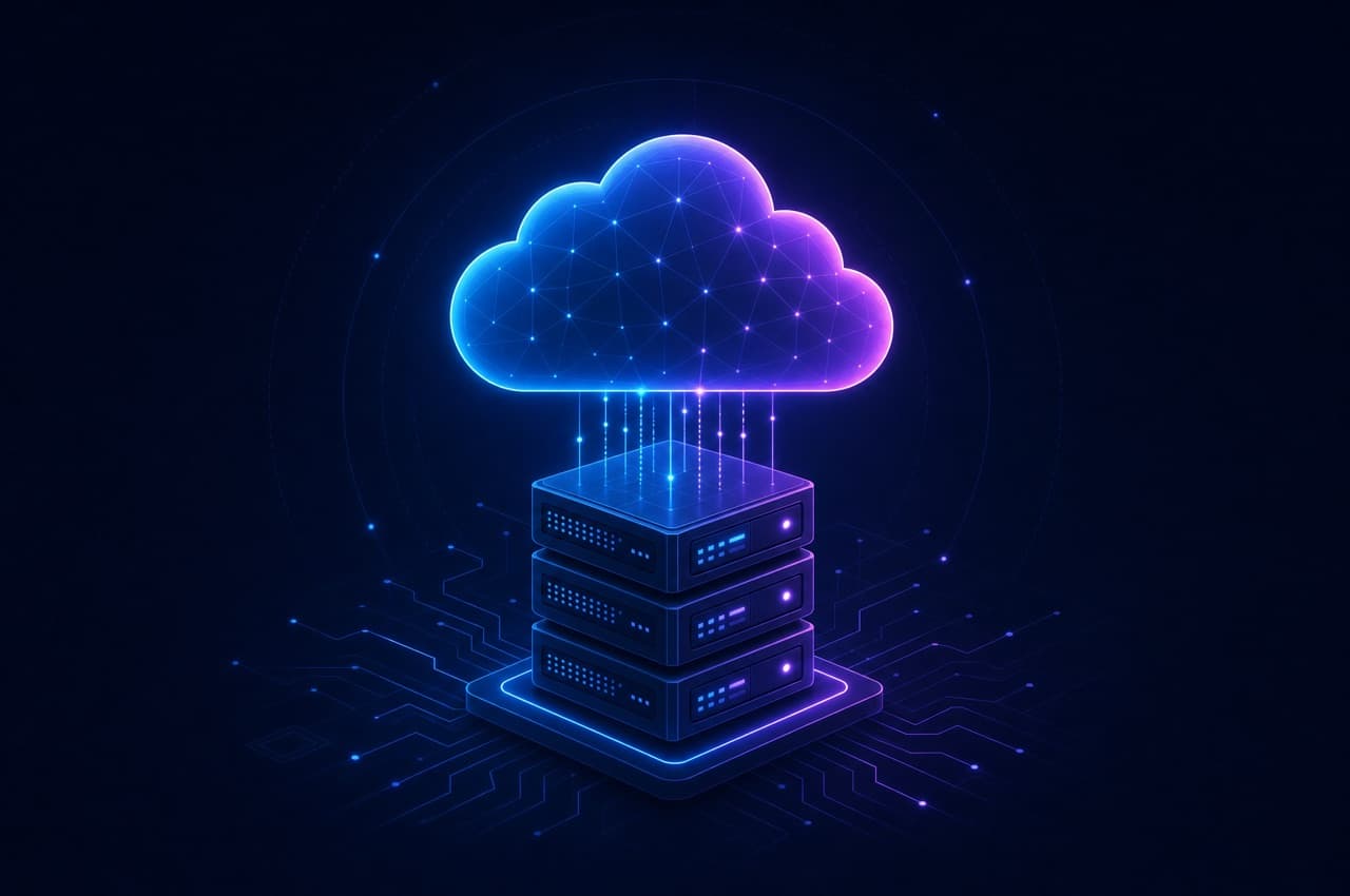 Concept illustration of a cloud above a stack of servers.