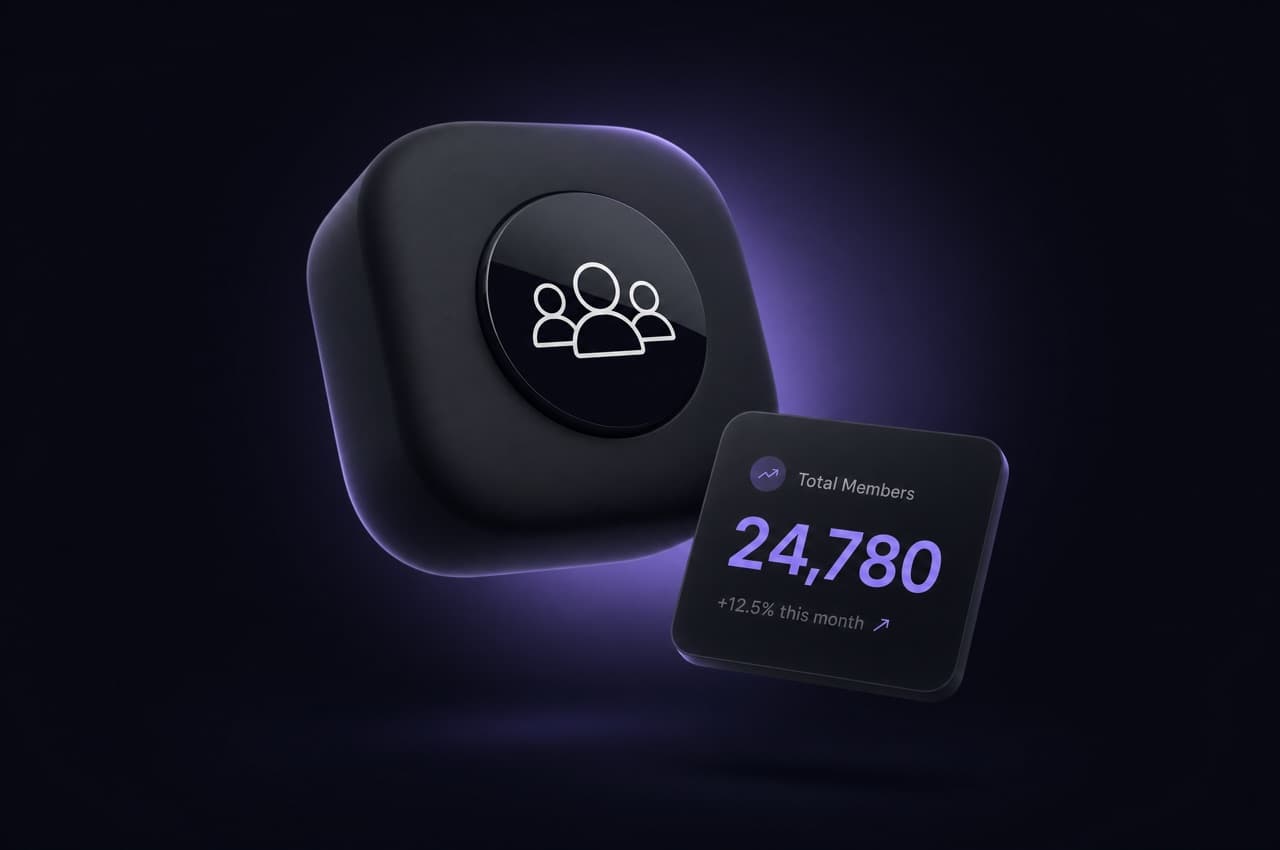 Dark tile with a purple glow, a connected-people icon and a members stat.