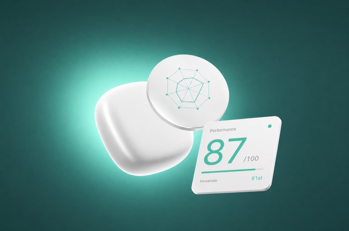Dark tile with a jade-teal glow, an eight-spoke radar icon and a stat.