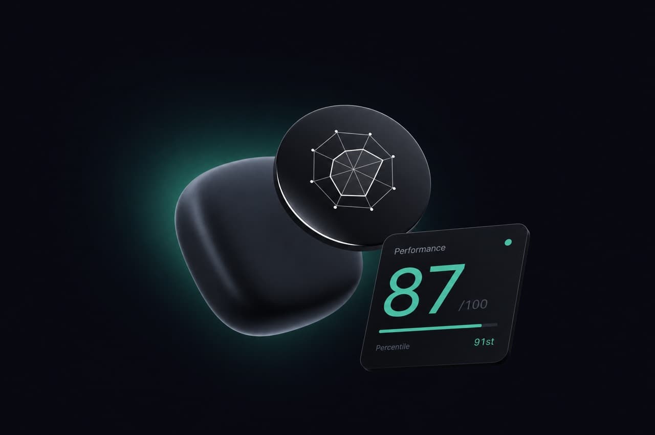 Dark tile with a jade-teal glow, an eight-spoke radar icon and a stat.