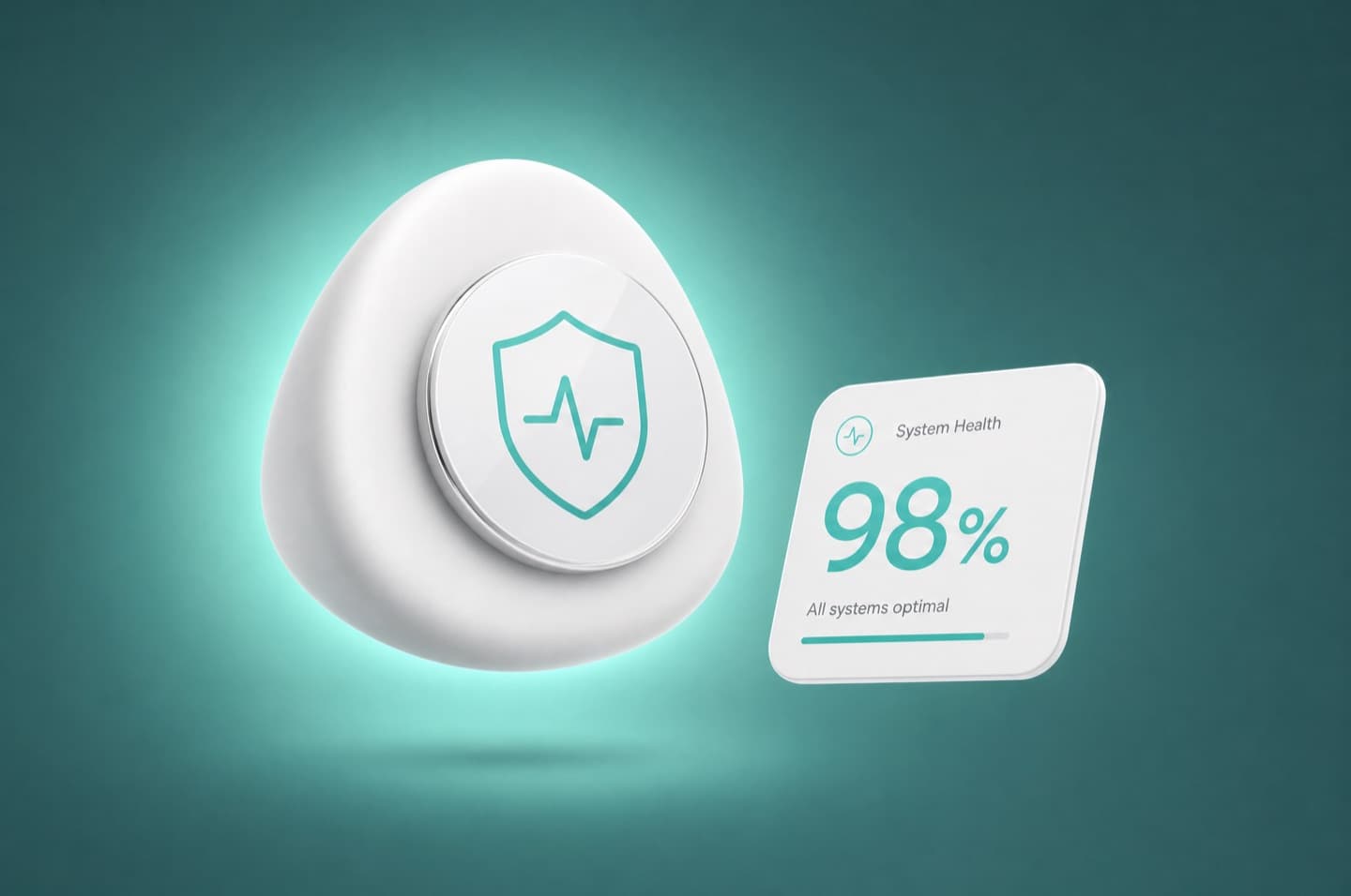 Dark tile with a jade-teal glow, a shield-and-pulse icon and a status stat.