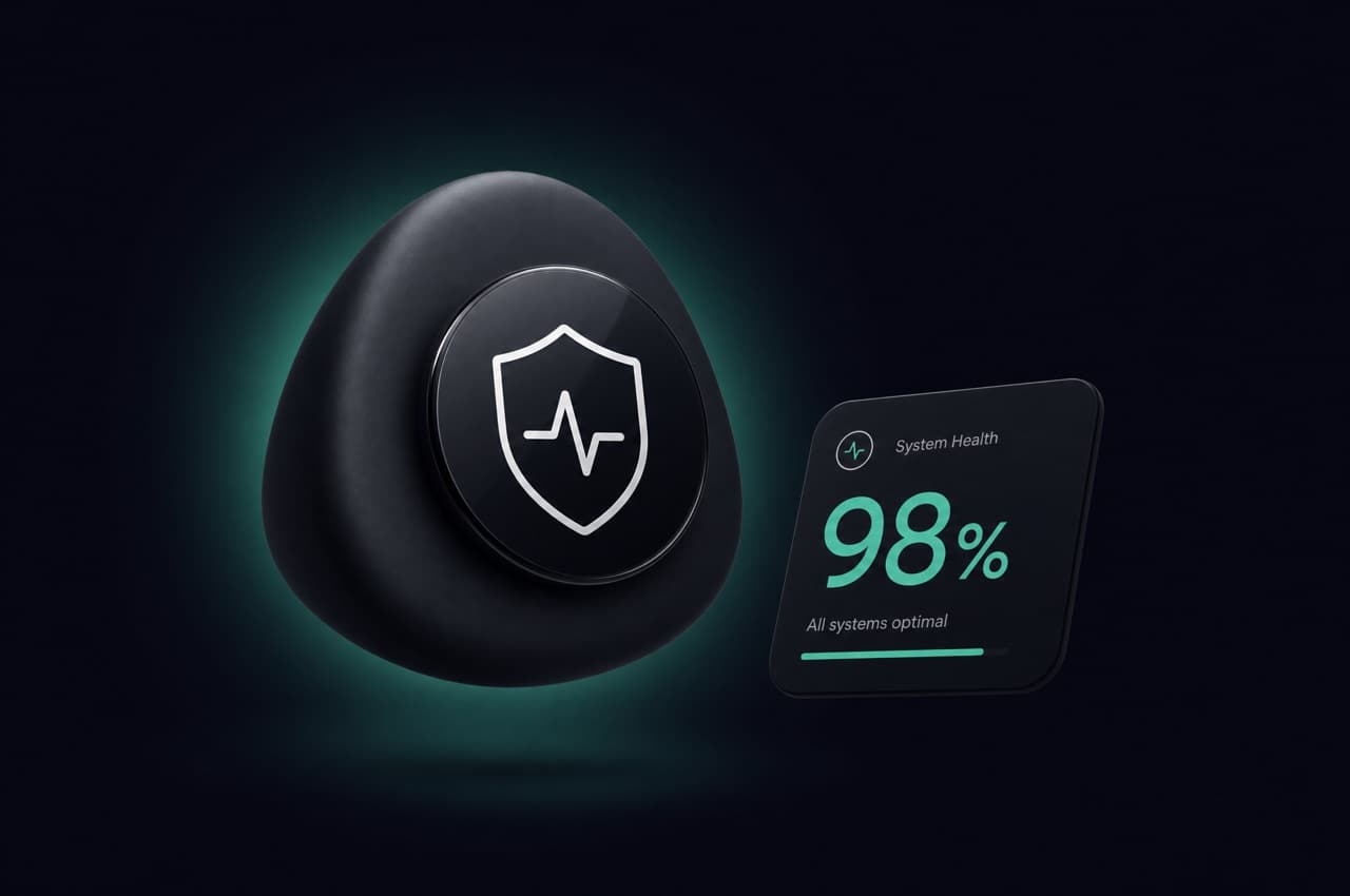 Dark tile with a jade-teal glow, a shield-and-pulse icon and a status stat.