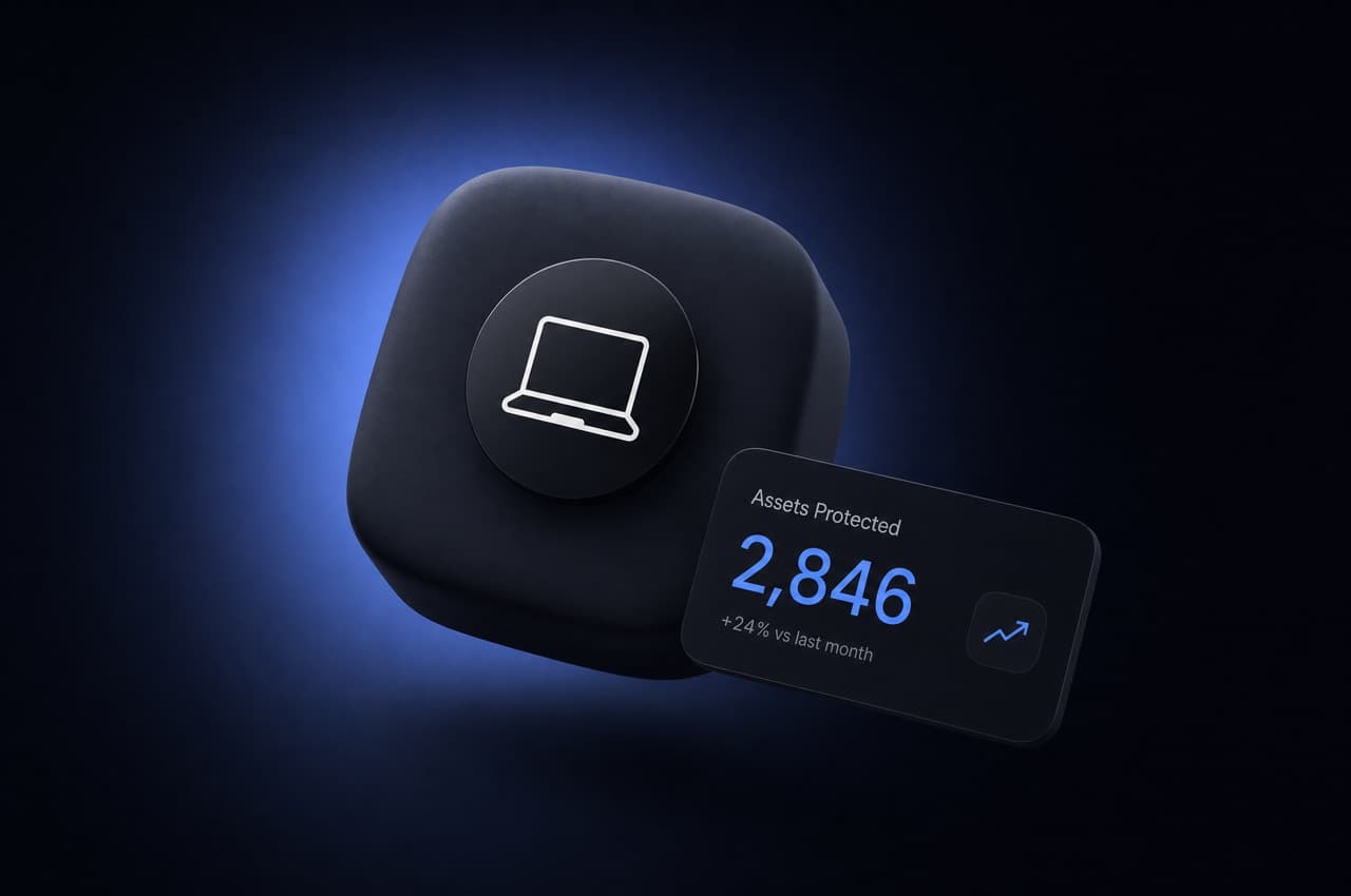 Dark tile with a blue glow, a laptop icon and a devices stat.