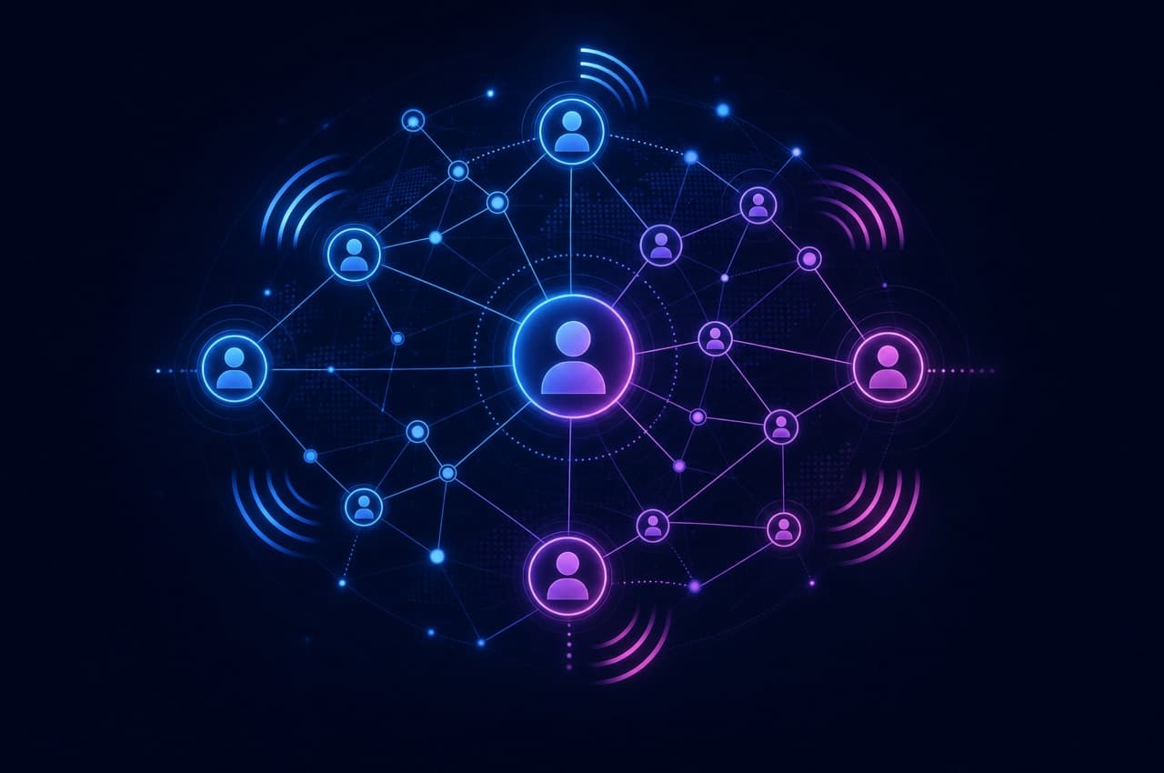 Concept illustration of a mesh network with call and connectivity waves.