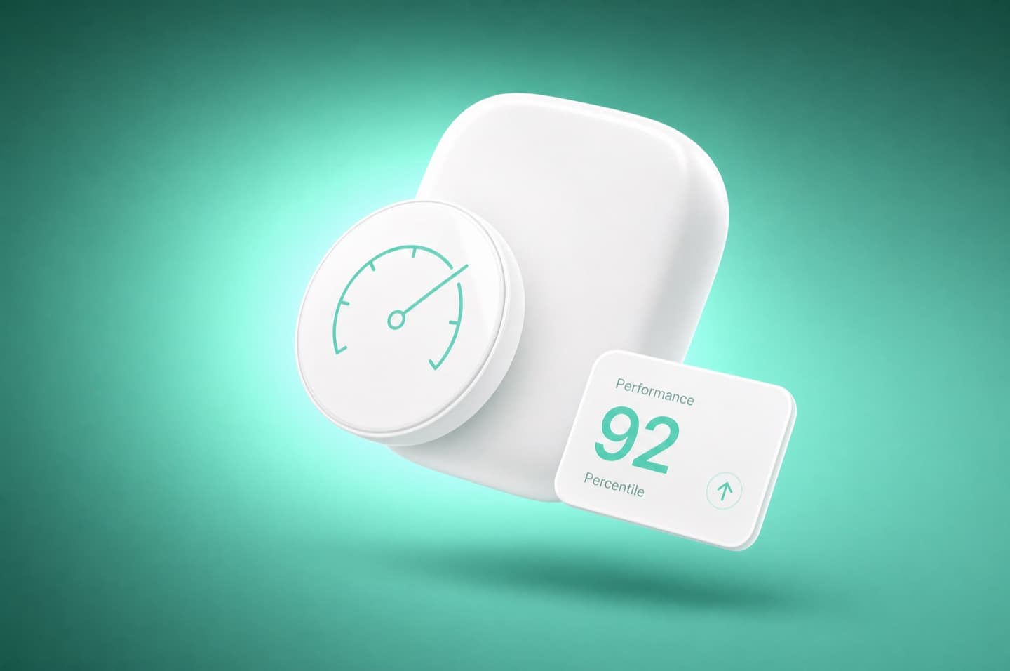 Dark tile with a jade-teal glow, a gauge-dial icon and a score stat.