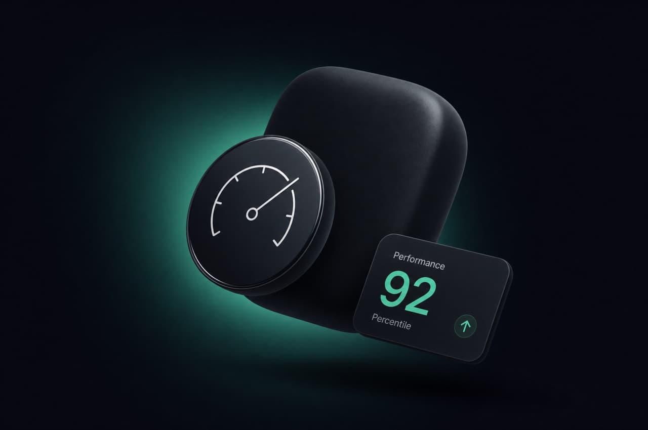 Dark tile with a jade-teal glow, a gauge-dial icon and a score stat.