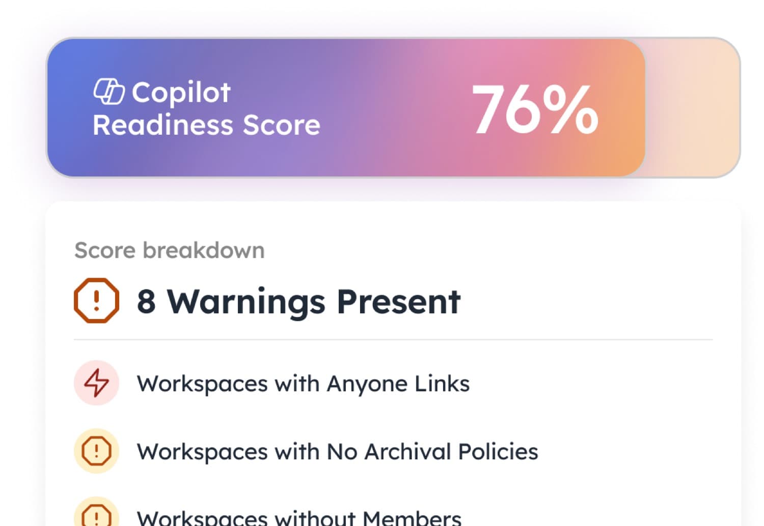 Orchestry Copilot readiness dashboard showing score breakdown and warnings