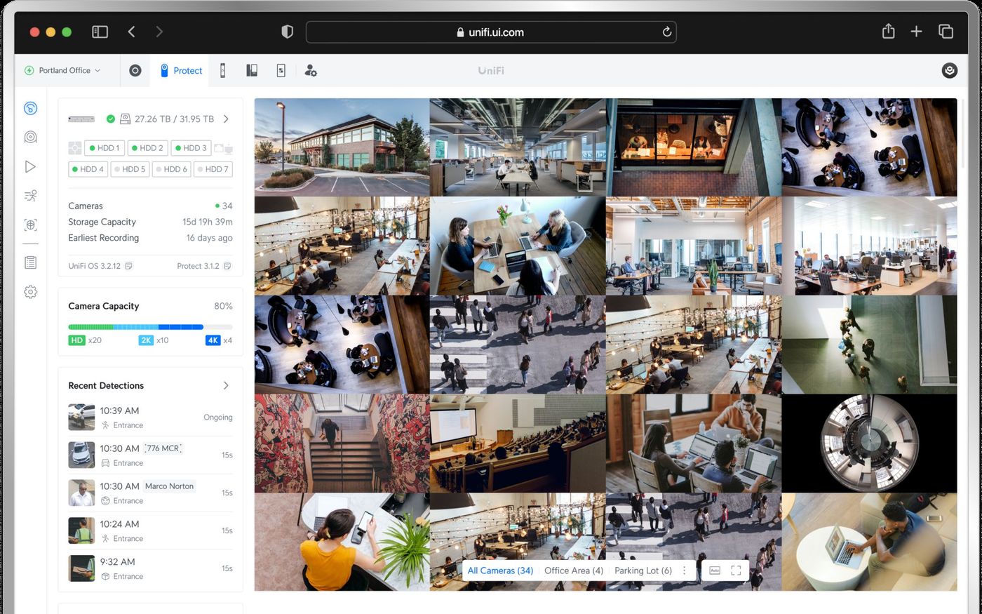 UniFi Protect camera wall showing multiple live feeds