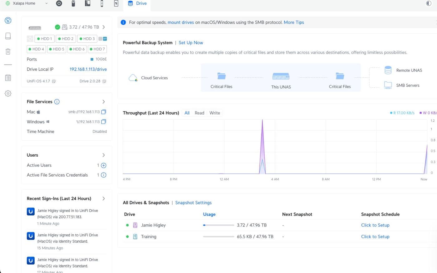 UniFi network storage dashboard