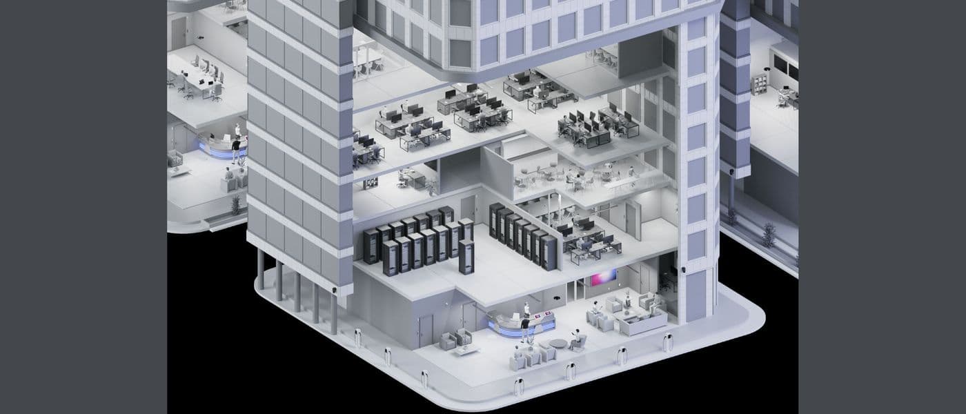 A UniFi full-stack building cutaway showing gateways, switching, WiFi, surveillance, access control, storage and VoIP