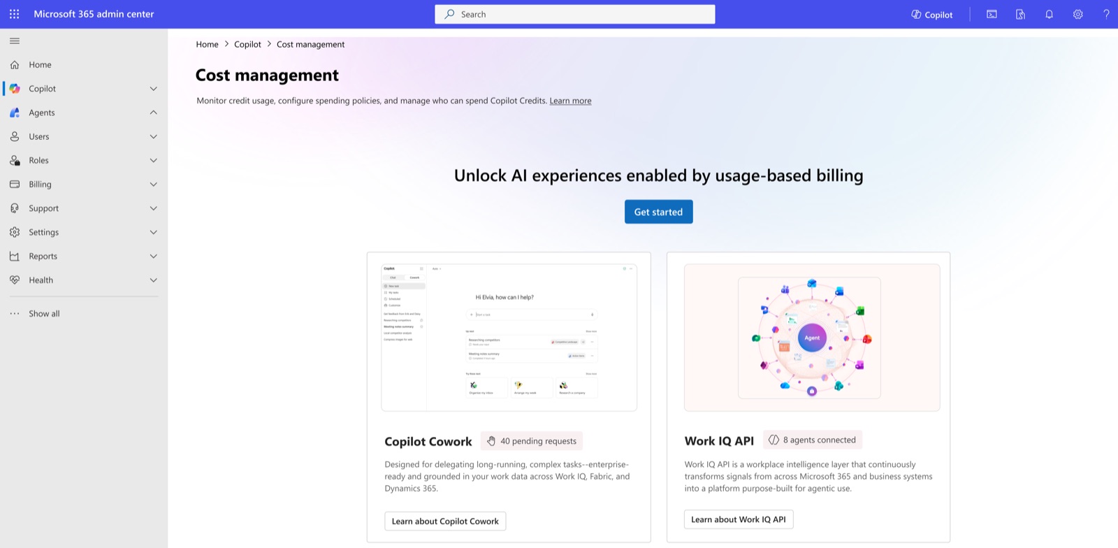 The Cost Management dashboard in the Microsoft 365 admin center, showing Copilot Credit usage and spending policies.